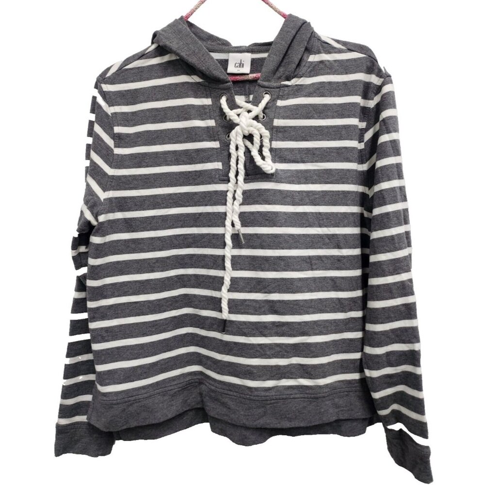 Cabi‎ Womens Windward Hoodie Medium Gray White Striped Nautical Lounge 5324